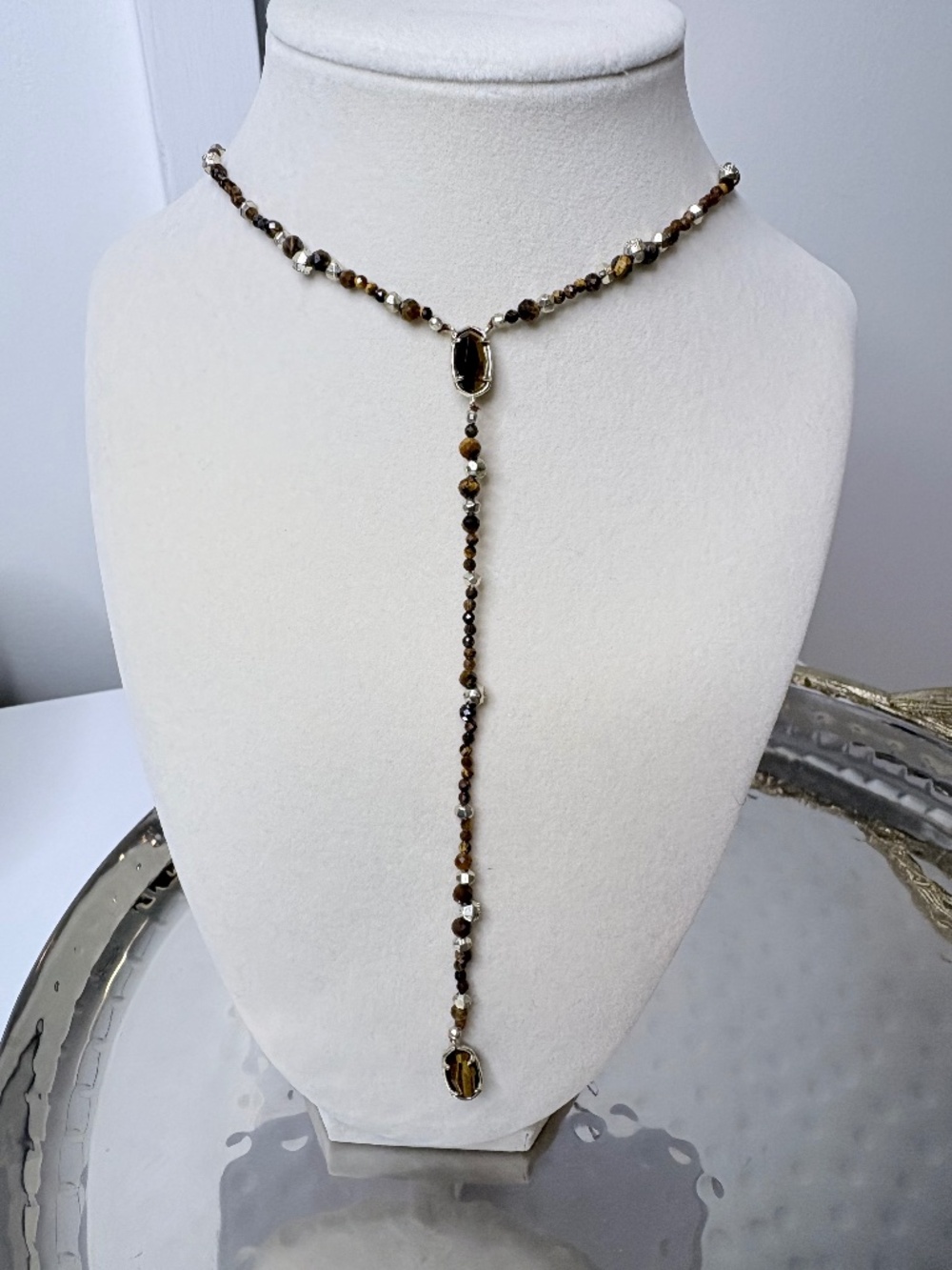 Kendra Scott Y lariat necklace, gold w brown Tigers eye stones
